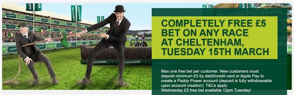 Completely free £5/€5 bet on any Cheltenham Festival race on Tuesday